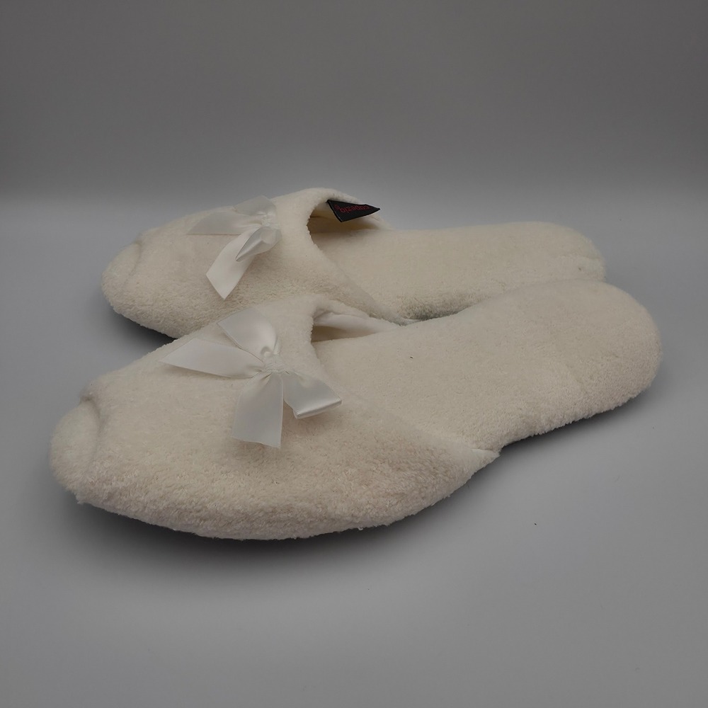 Capezio Ivory Terry Cloth Open Toe Slippers Satin Bow Cream Medium 6.5-7.5